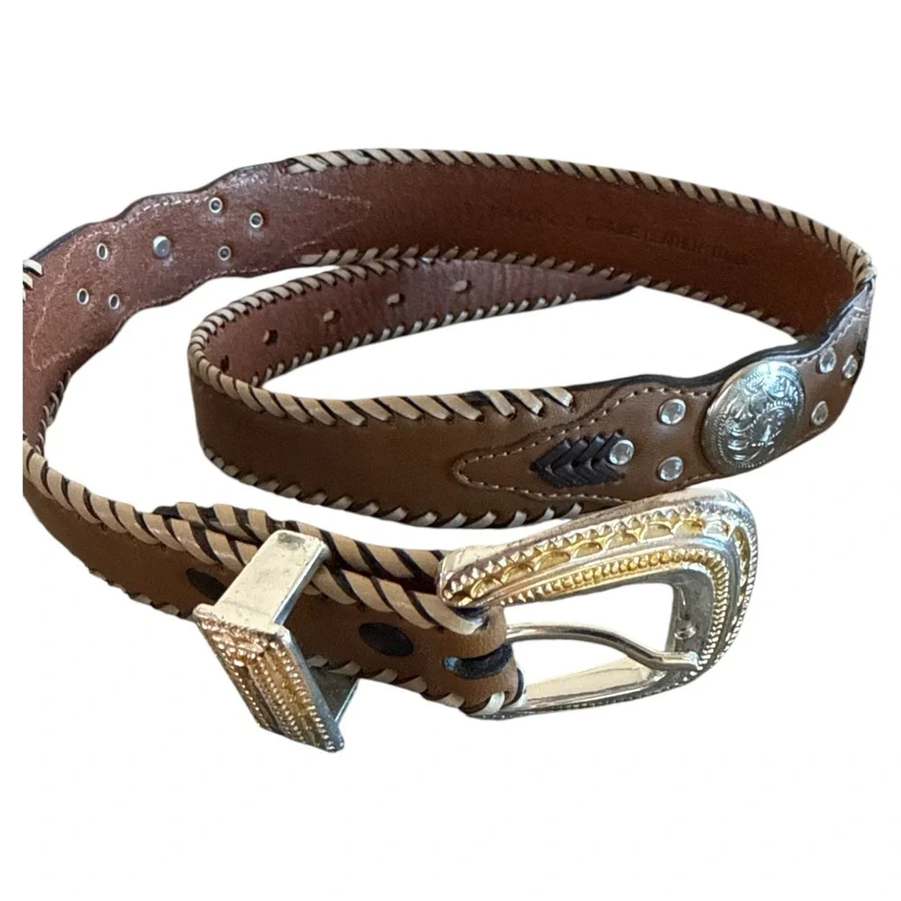 Womens Western Brown Leather Belt Small Concho Braided Laced Rhinestones Cowgirl